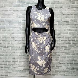 Karen Zambos Size M Rhys Grey Ivory Printed Crepe‎ Cutout Sheath Dress